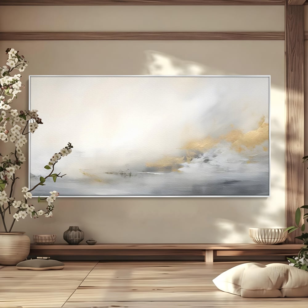 Tablou canvas cu tablou abstract cu ceata si nuante aurii, in rama de aluminiu argintiu